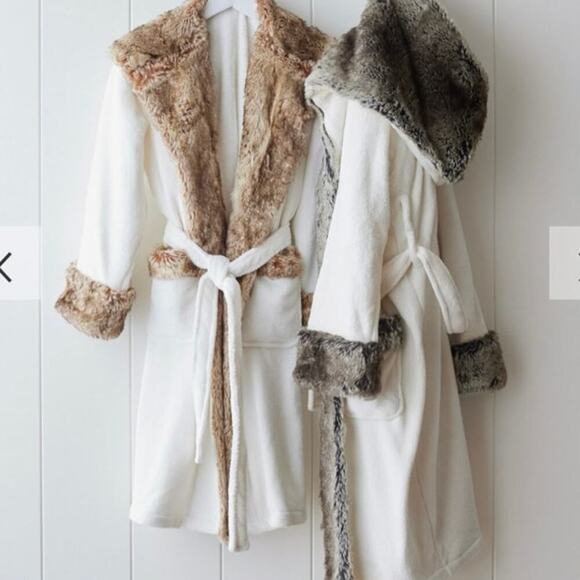 POTTERY BARN Faux Fur Gray Ombre Robe Medium Hooded Plush Cozycore Lounge Soft - Picture 3 of 8